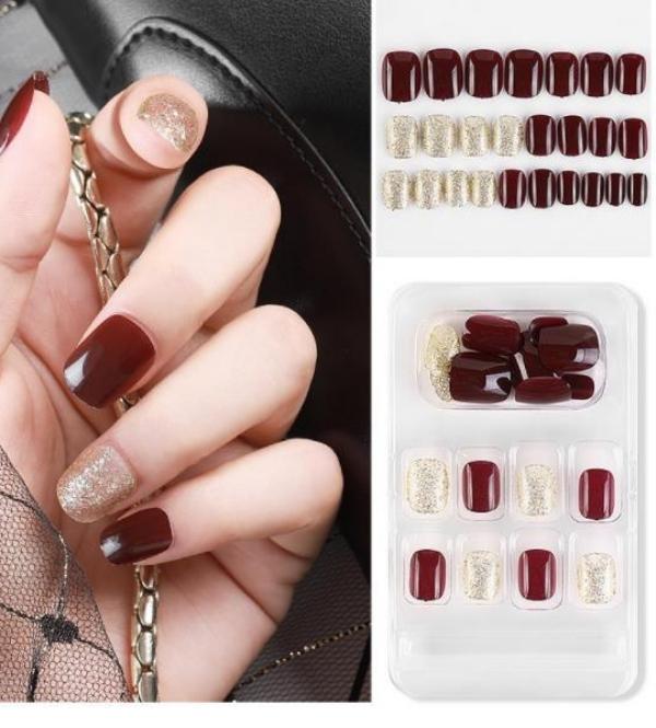 Ready to use Acrylic gel nails (code-741-10) RED AND CHAMPAGNE BRIDAL NAILS 